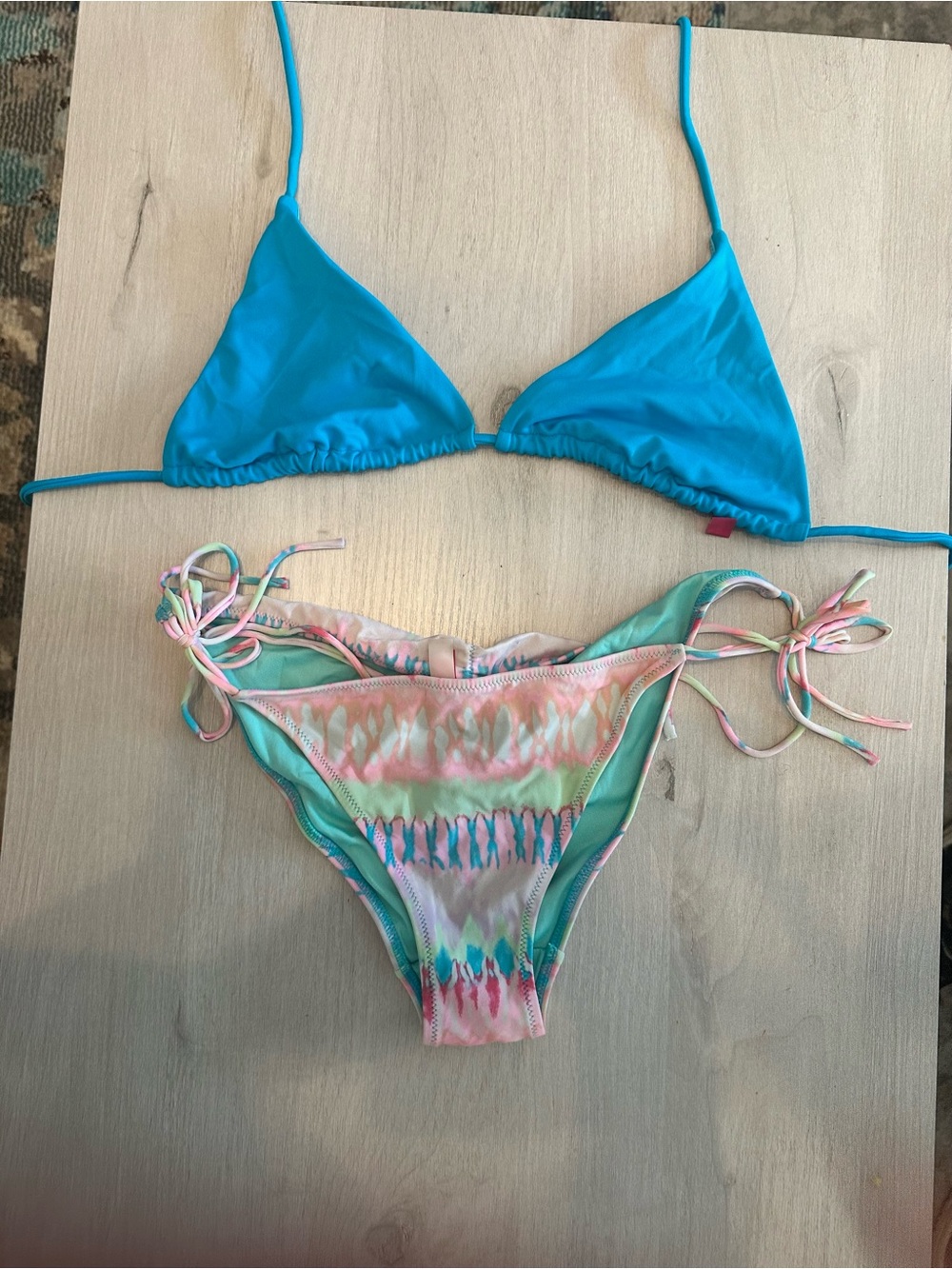 Vintage VS Turquoise Triangle Bikini Top with Pastel Tie-Dye Bottoms